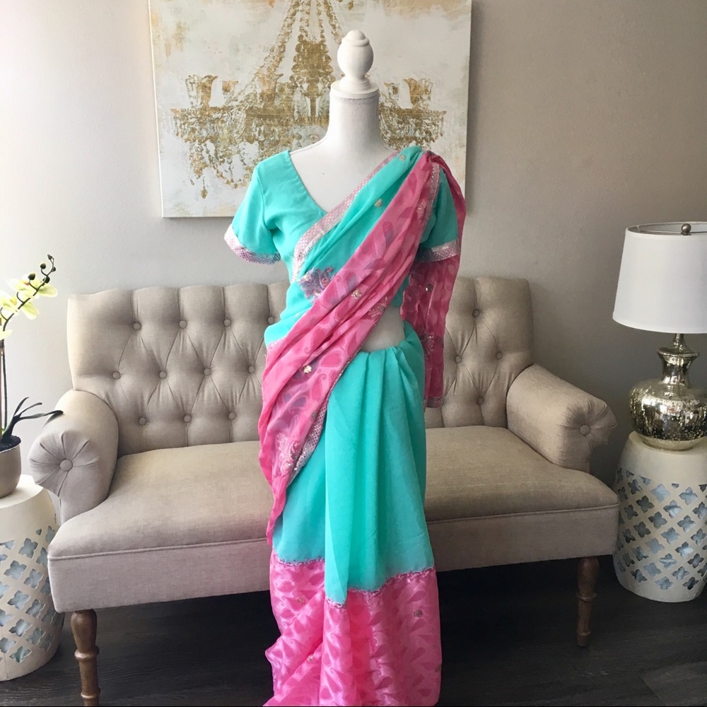 SOLD: Pink and Mint Indian Sari
